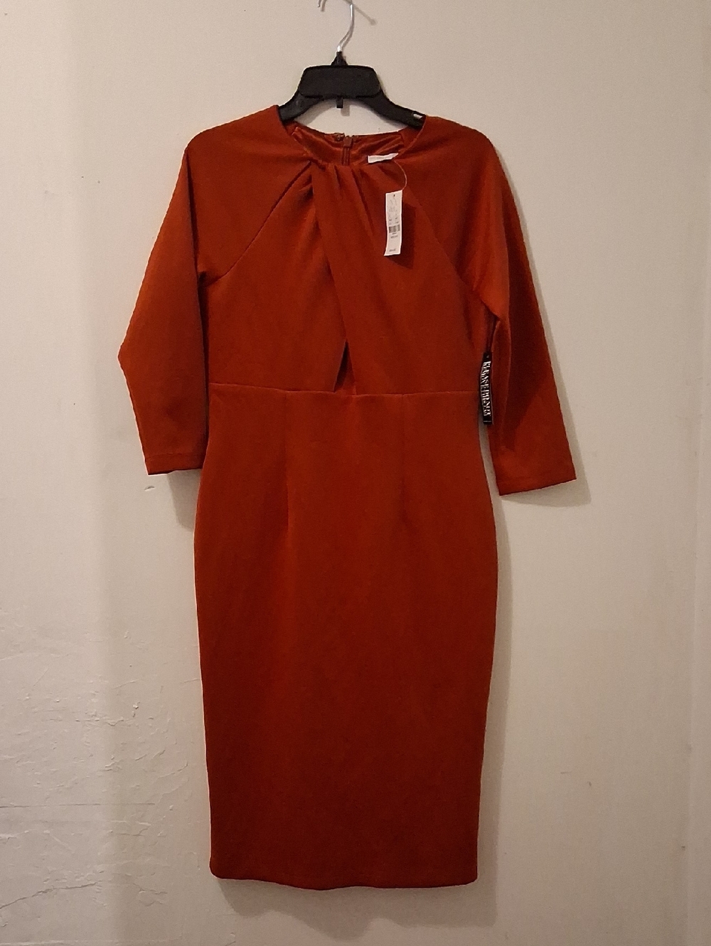 Rust Red Sheath Dress with Twist Neckline